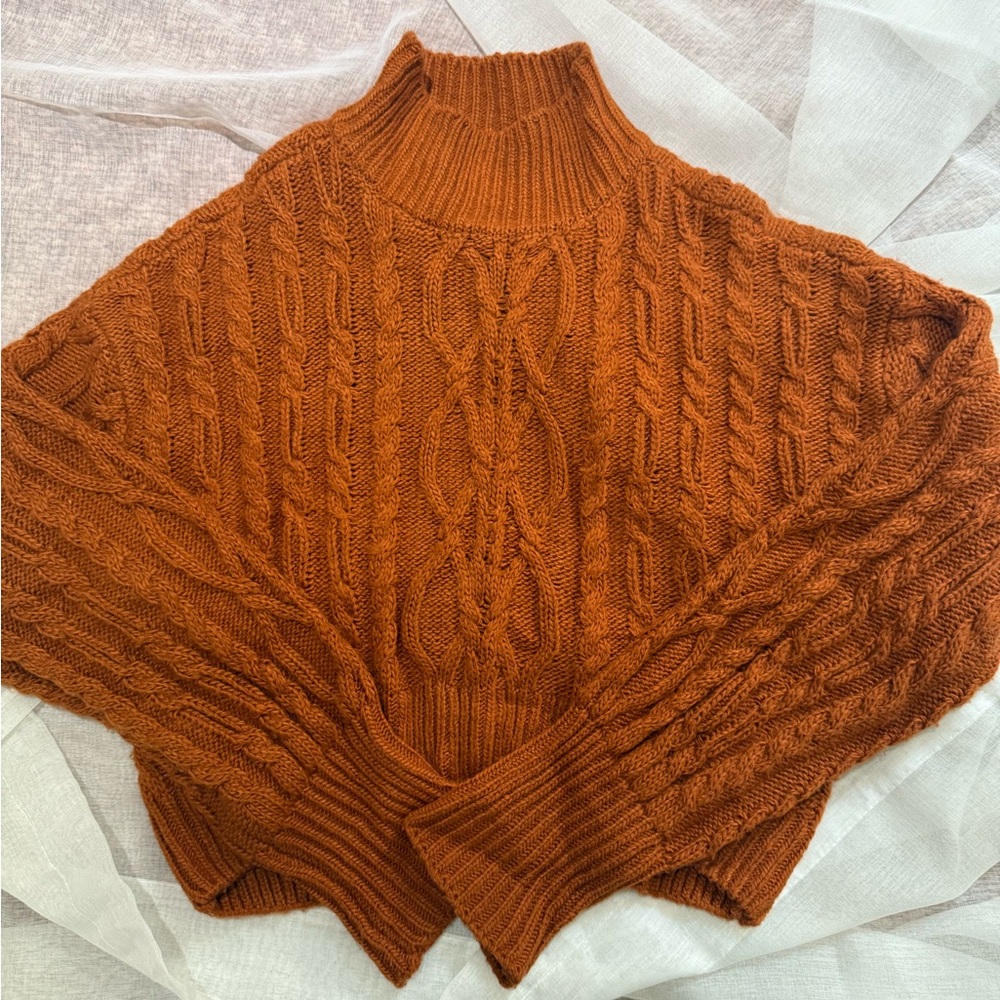 Orange Cable Knit Turtleneck Cropped Sweater